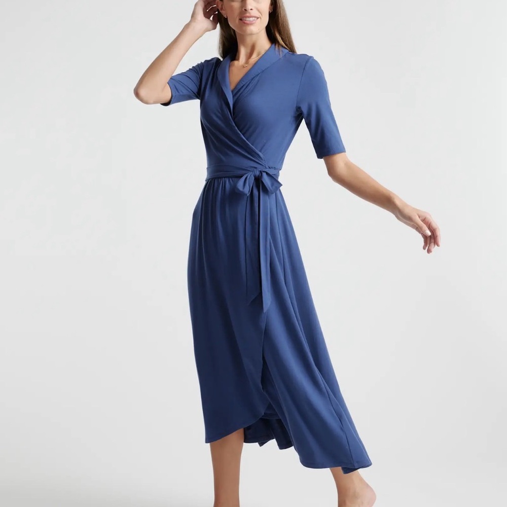 Quince Tencel Wrap Midi Wrap Dress in Navy Size X-Large